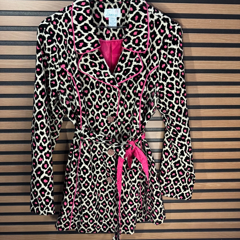 Emma G Leopard Print Belted Jacket with Pink Accents